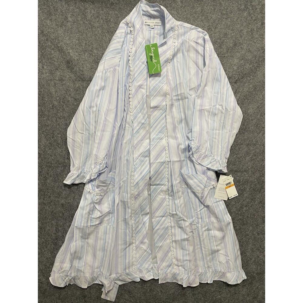 EILEEN WEST BLUE White STRIPE RUFFLED Lightweight SHORT WRAP ROBE Womens SM
